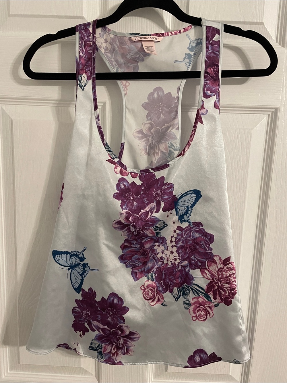 Victoria's Secret White Satin Tank with Purple Floral and Blue Butterfly Detail